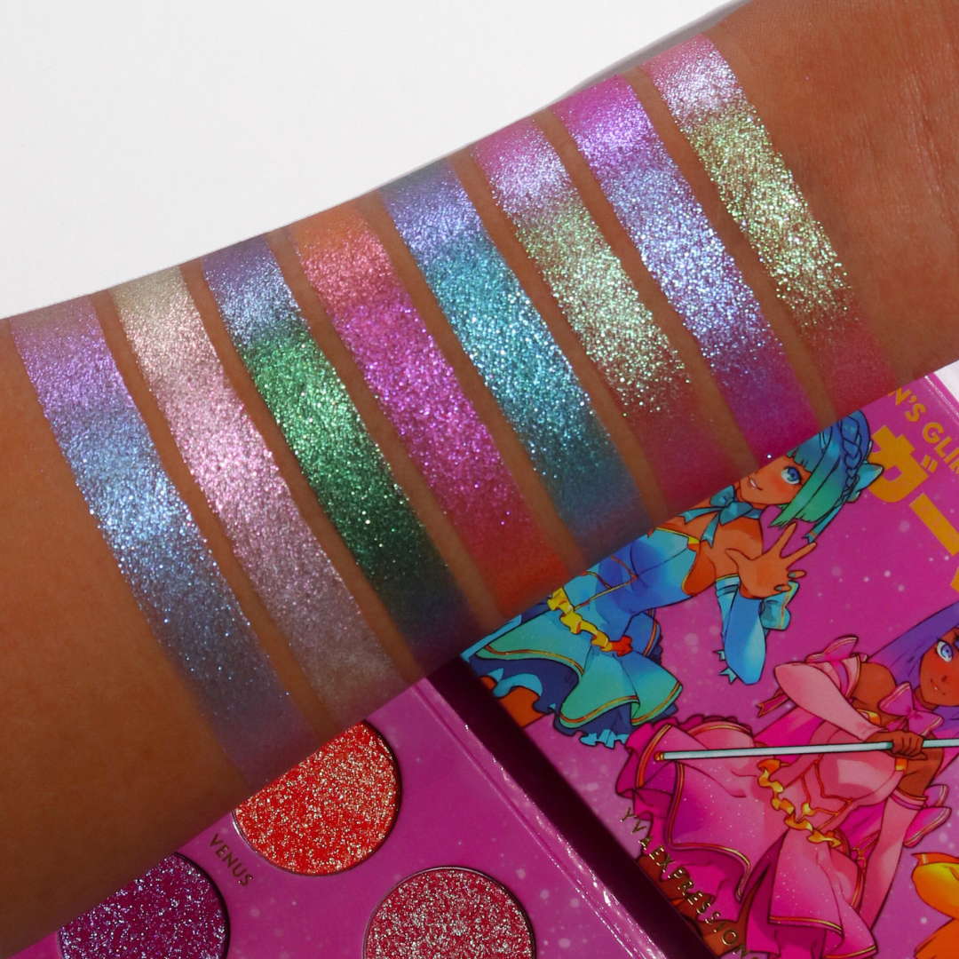 The "Viral Magical Guardian Glitter palette " features Eight super sparkly and dazzling duochrome shades that color shift into two colors. This Glitter palette is in pink packaging and features an orange duochrome eyeshadow, a pink and purple duo chrome eyeshadow, a blue duochrome eyeshadow, a green duochrome eyeshadow, a purple duochrome eyeshadow, a white duochrome eyeshadow. This Glitter duochrome eyeshadow palette is the best glitter palette on the market. Glitter palette, Glitter eyeshadow