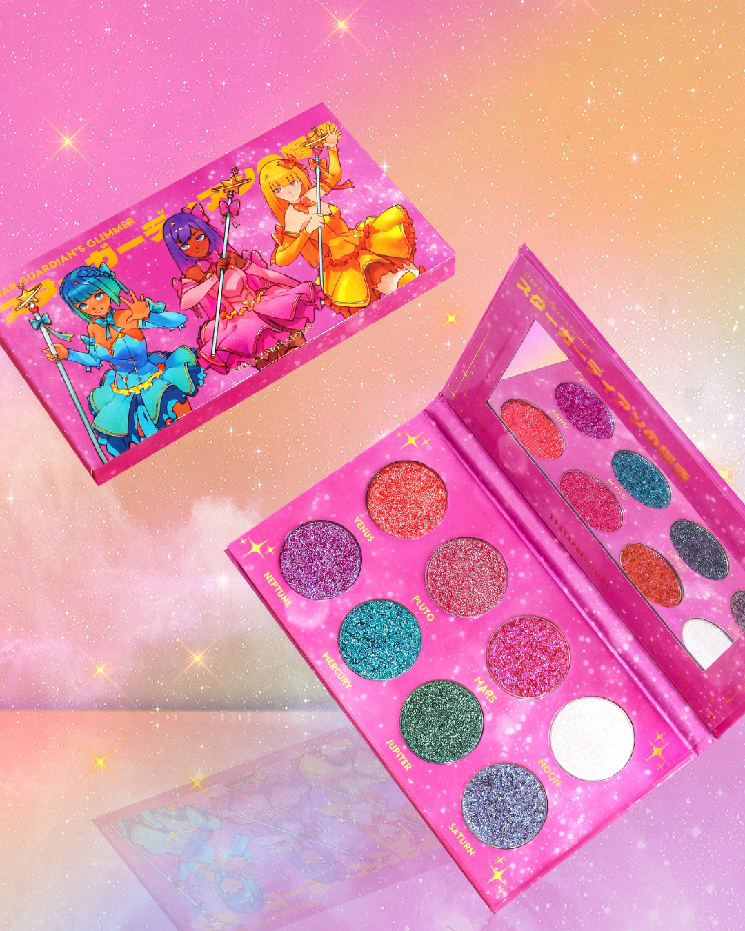 The "Viral Magical Guardian Glitter palette " features Eight super sparkly and dazzling duochrome shades that color shift into two colors. This Glitter palette is in pink packaging and features an orange duochrome eyeshadow, a pink and purple duo chrome eyeshadow, a blue duochrome eyeshadow, a green duochrome eyeshadow, a purple duochrome eyeshadow, a white duochrome eyeshadow. This Glitter duochrome eyeshadow palette is the best glitter palette on the market. Glitter palette, Glitter eyeshadow