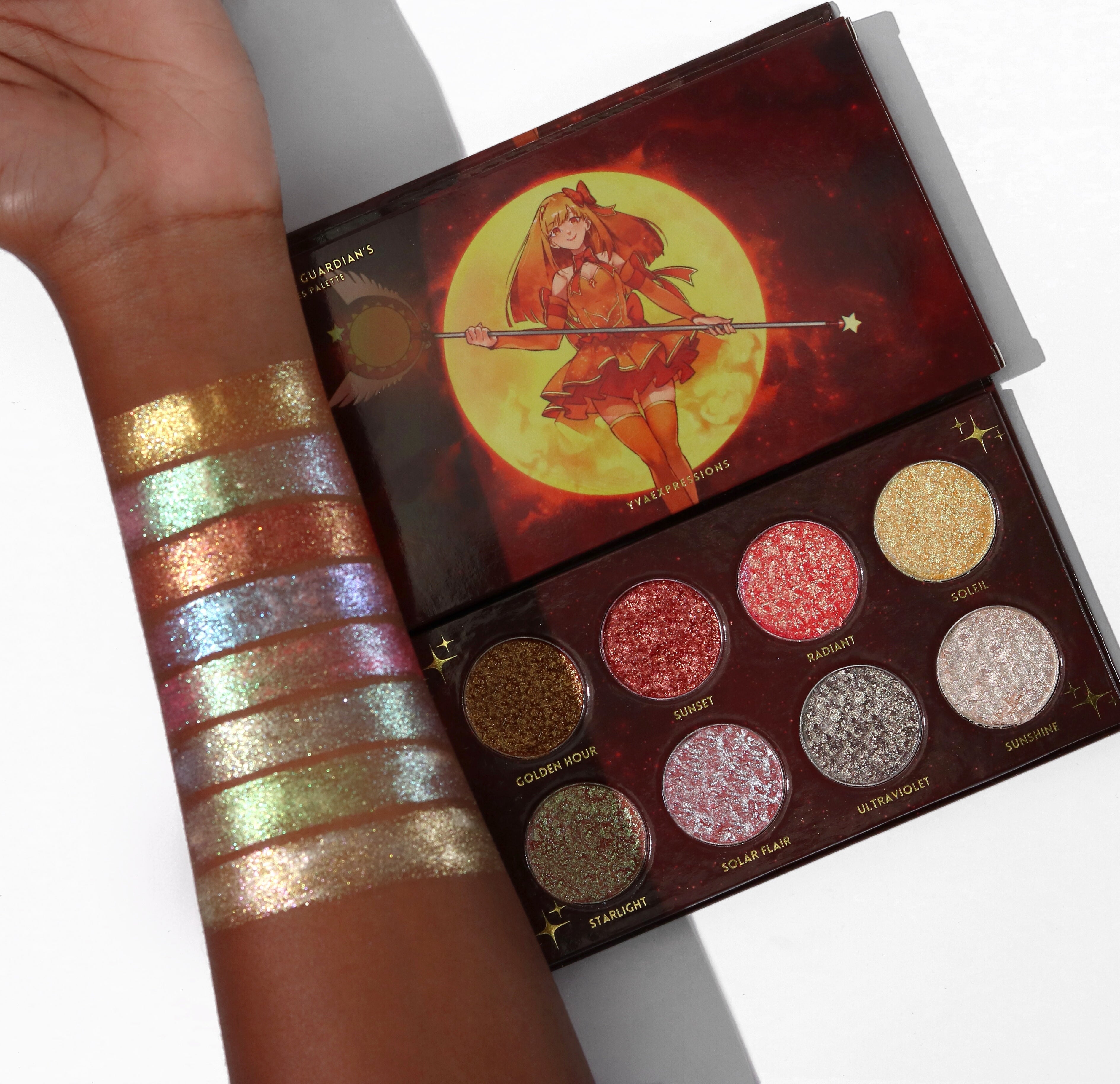 The Magical Guardian story continues! Make some magic happen with our “Makeup look in a pan" The Viral Magical Guardian's Glitter palette series continues with the volume three Solar palette which is a duochrome palette that features Eight super sparkly and dazzling duochrome shades that color shift into two colors. Our unique one of a kind formula is soft to the touch, high quality, pigmented, and the possibilities are truly endless with this luxurious glitter formula that doesn't break the bank.