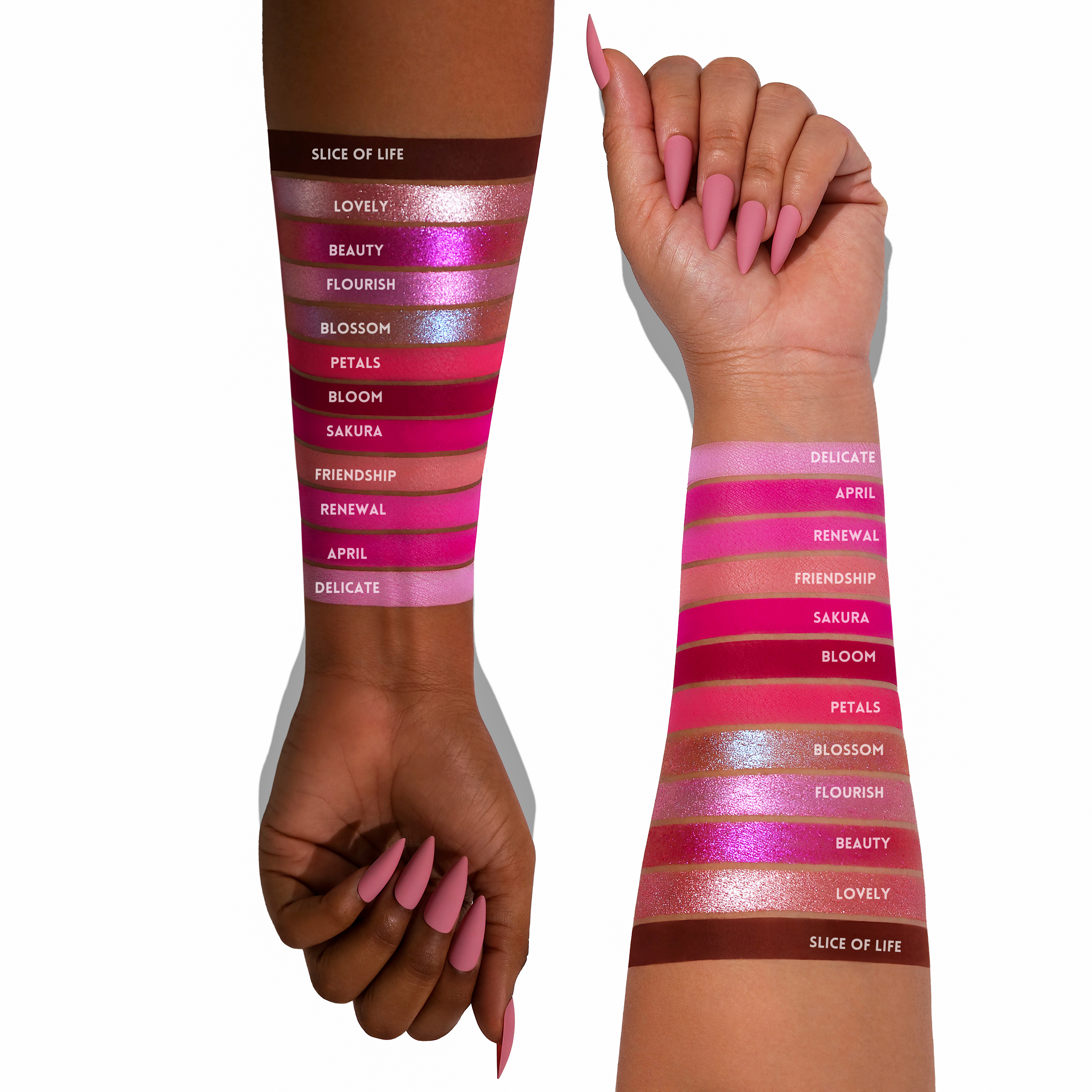 Our Pink focused Sakura eyeshadow palette is a pink lover's dream! From soft pastels to bold hot pink, this eyeshadow palette offers an array of dreamy colors inspired by cherry blossoms. Also Inspired by slice of life shoujo anime, this palette captures the beauty of new beginnings and friendship.
This eyeshadow palette includes:
12 shades in total
8 Pigmented Matte eyeshadows
4 Buttery Soft Shimmer eyeshadows
Buildable and Blendable Formula
Color shifting Duochrome glitter shadow