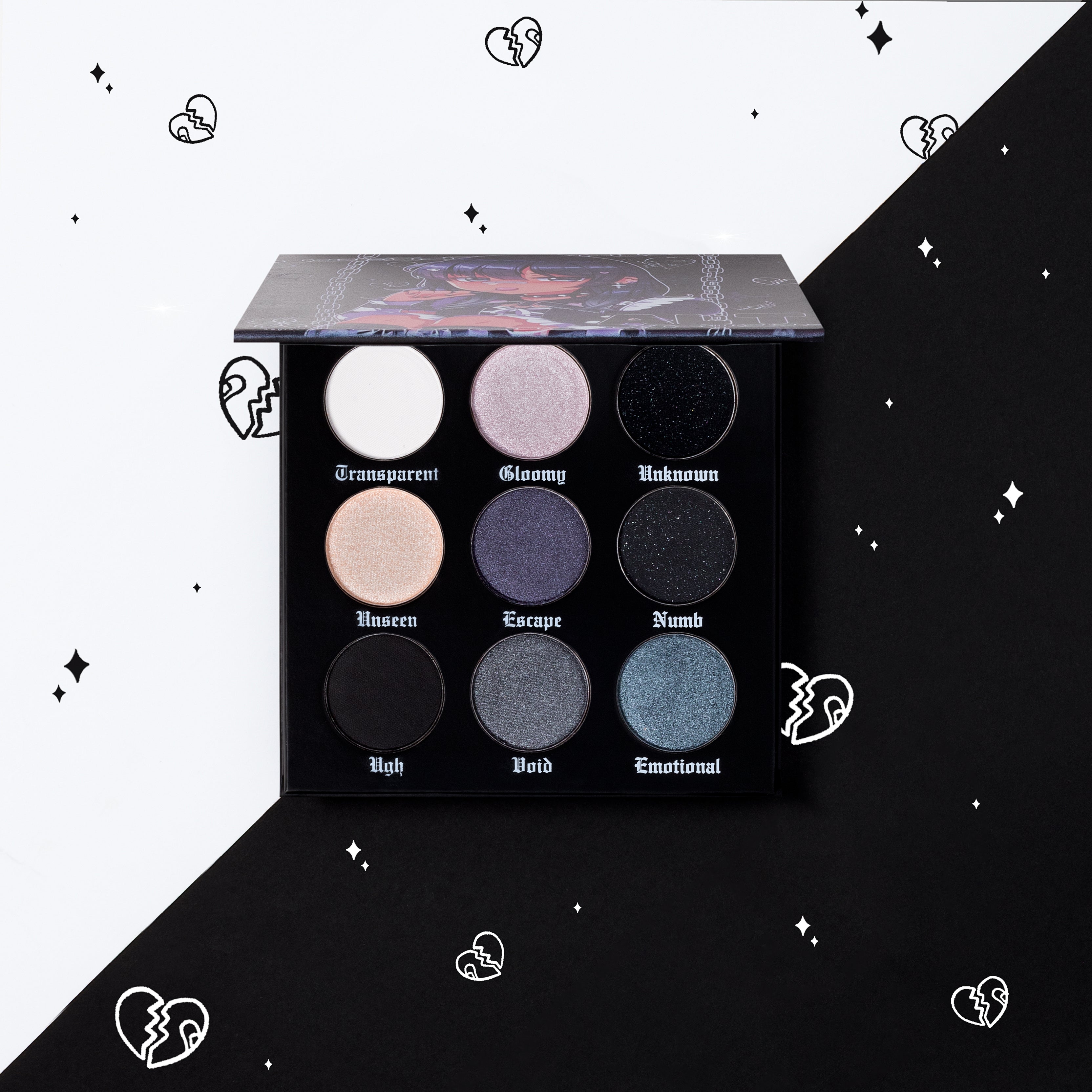 Anime Makeup, Kawaii makeup, Blue and Purple eyeshadow palette, Anime palette, Anime eyeshadow palette, Black and Gray eyeshadow palette, Alt Makeup, Alt eyeshadow palette, Grunge eyeshadow,Anime cosmetics, Anime eyeshadow palette, Anime palette, Anime beauty brand, Anime cosmetics, Kawaii makeup brand, Kawaii makeup, Kawaii eyeshadow palette, Anime makep brand, Blue eyeshadow palette, Black eyeshadow Palette