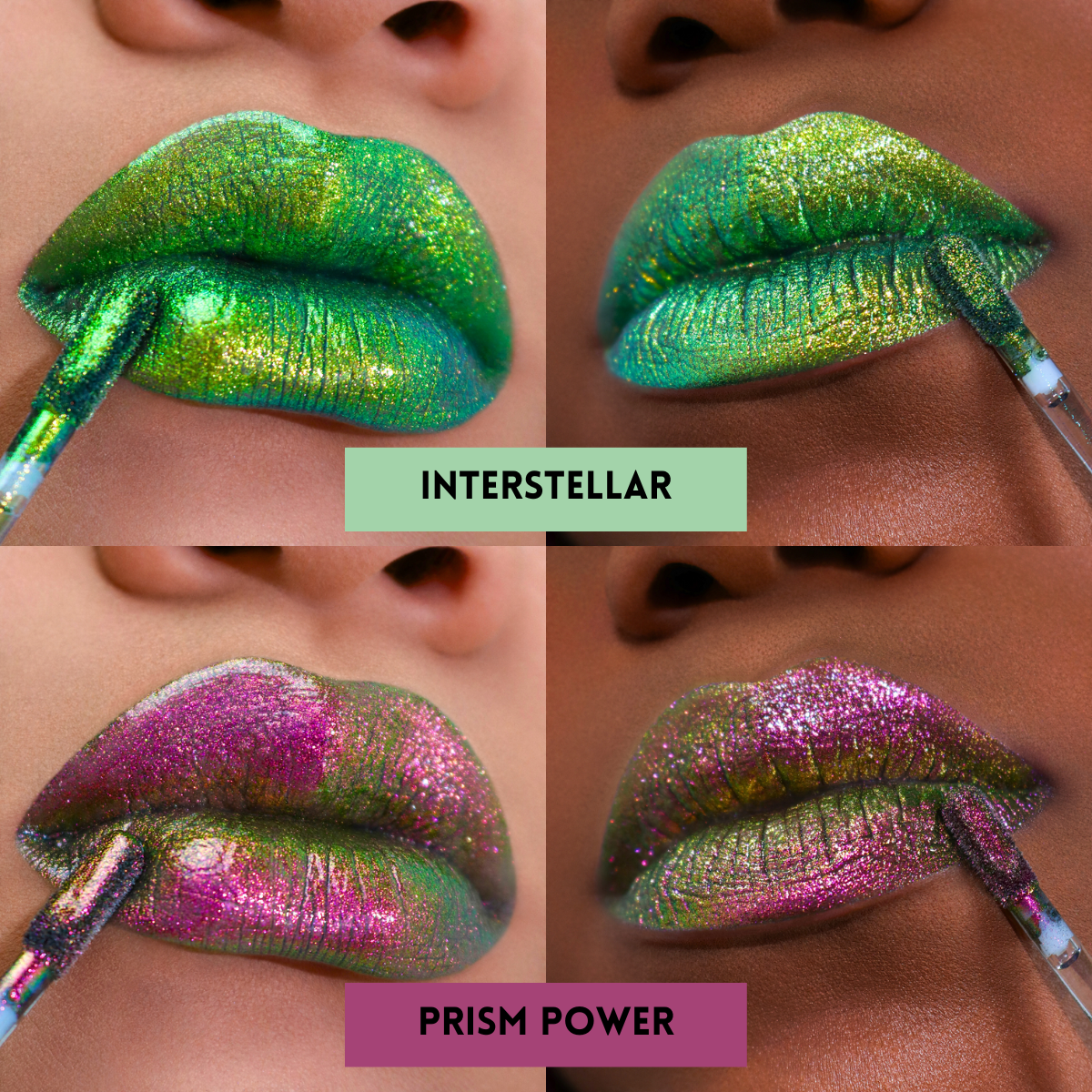 swatches of magical guardian multichrome lipglosses. Top swatch of interstellar (green to yellow multichrome lipgloss ) Bottom images (pink to green colorshfting multichrome gloss)
