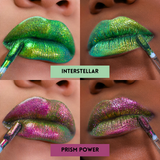 swatches of magical guardian multichrome lipglosses. Top swatch of interstellar (green to yellow multichrome lipgloss ) Bottom images (pink to green colorshfting multichrome gloss)