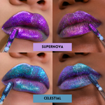 swatches of magical guardian multichrome lipglosses. Top swatch of supernova (purple to pink colorshifting) Bottom images (blue to green colorshfting multichrome gloss)