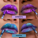 swatches of magical guardian multichrome lipglosses. Top swatch of supernova (purple to pink colorshifting) Bottom images (blue to green colorshfting multichrome gloss)